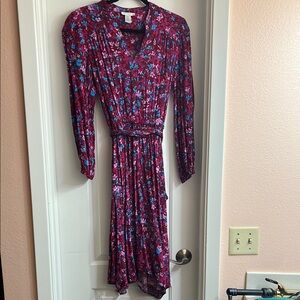 London Times Pink and Purple V-Neck Bishop Sleeve Dress